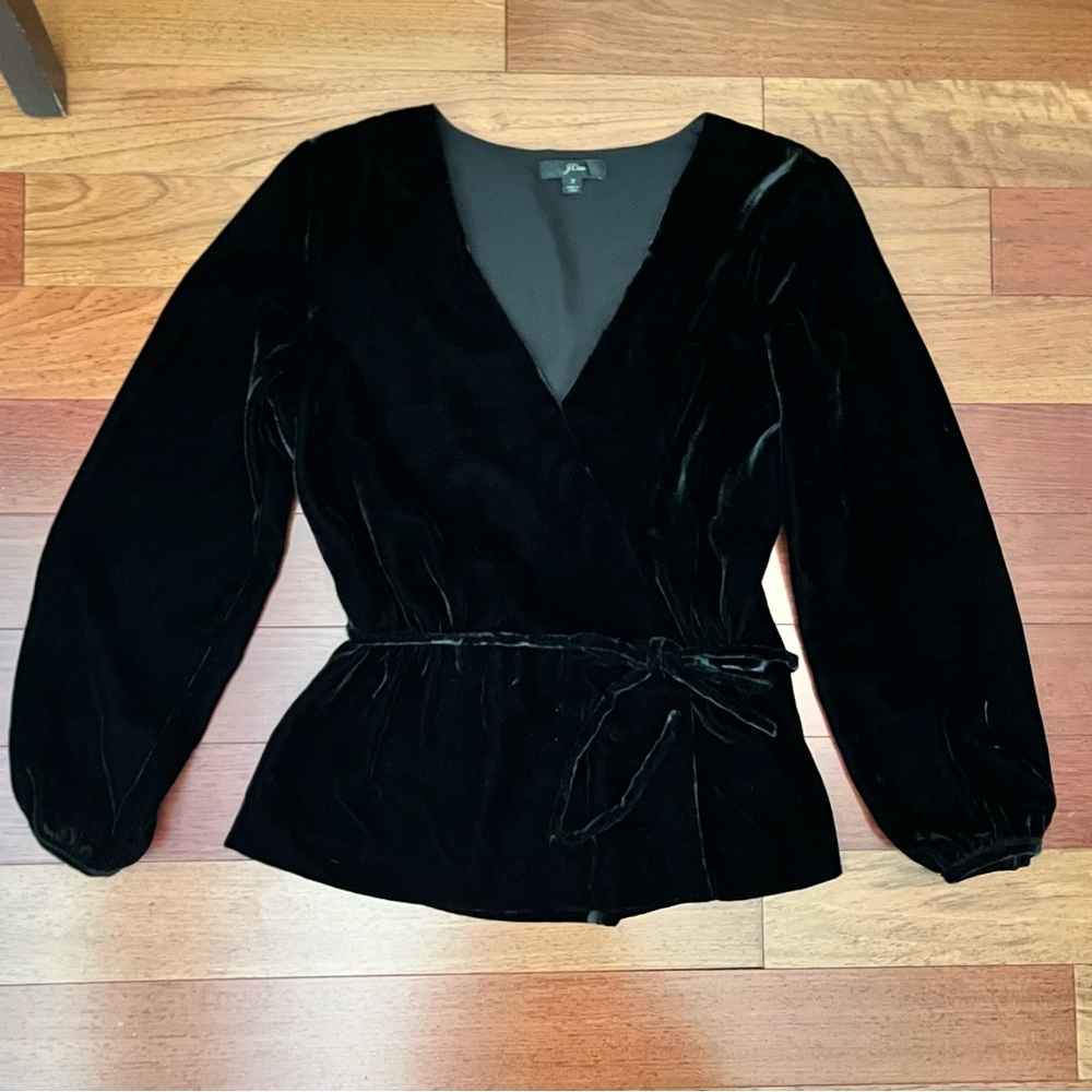 J. Crew Black Faux Wrap Top in Drapey Velvet Womens Size 2 Long Sleeve Tie Waist
